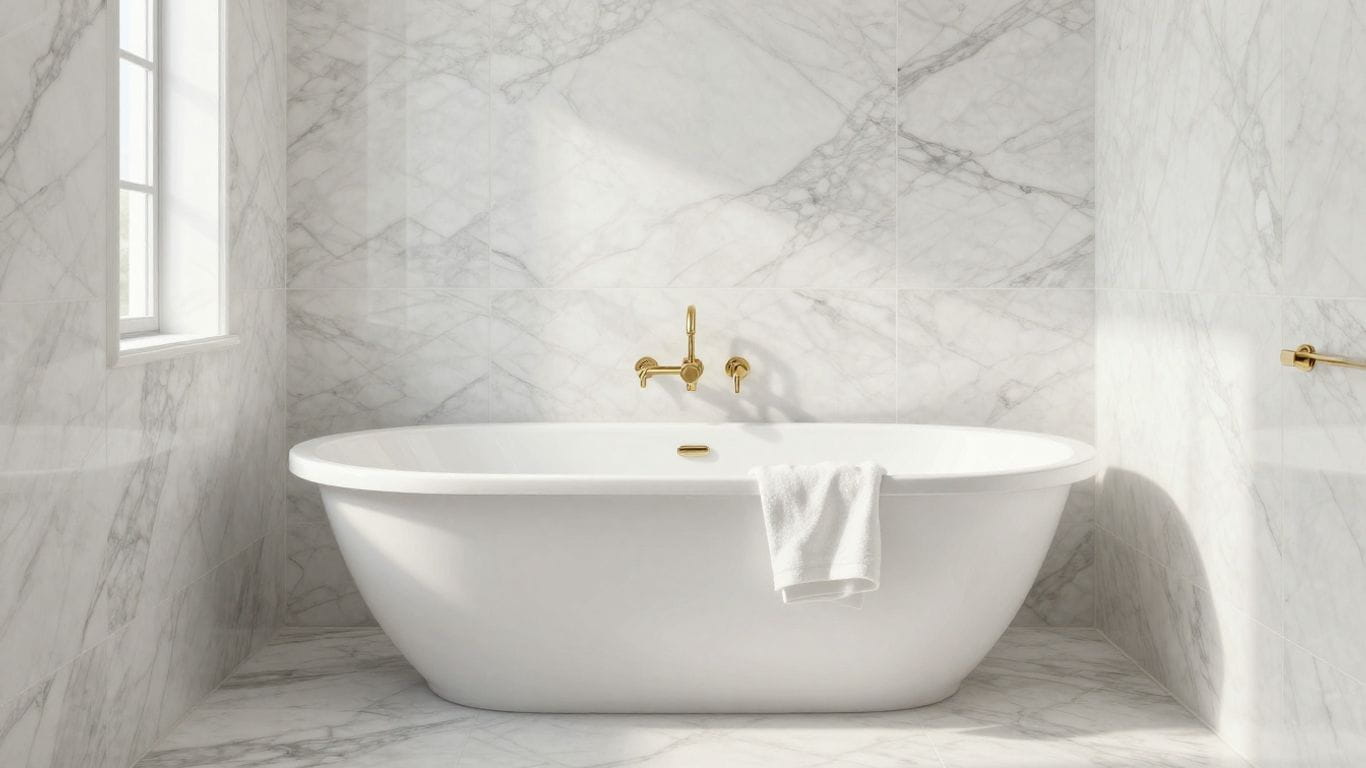 Volakas marble bathroom with elegant veining patterns.