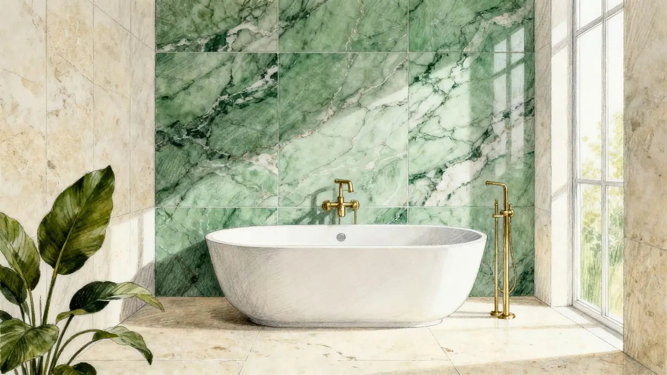 Green marble tile in elegant bathroom interior