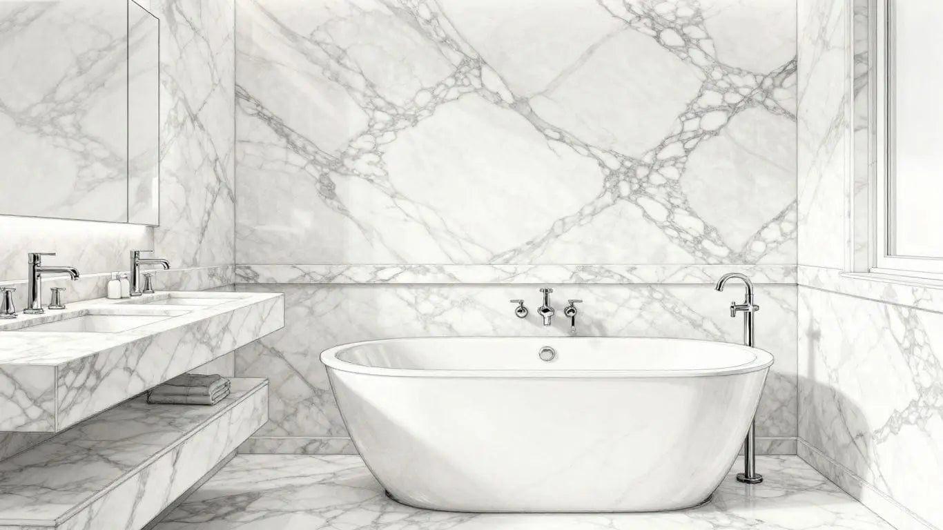 Carrara white marble bathroom sketch with distinctive veining.