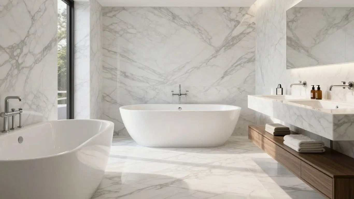 Elegant bathroom with white marble tiles and modern fixtures.