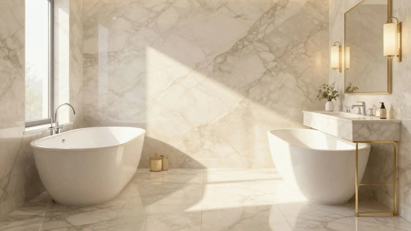 Beige marble tiles in a luxurious bathroom setting.