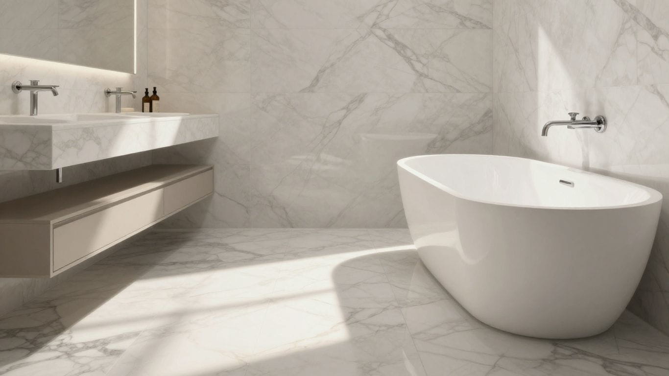 Carrara marble tiles in a modern bathroom setting.