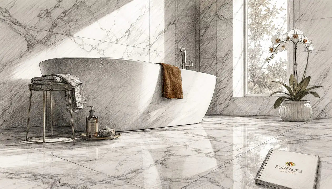 Elegant marble tiled bathroom interior