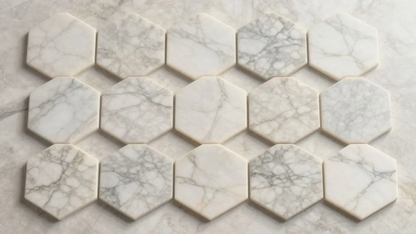 Hexagon marble tiles in a geometric pattern.