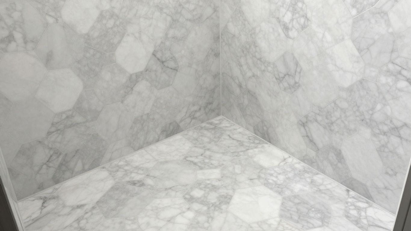 Hexagon marble mosaic shower floor and walls sketch.