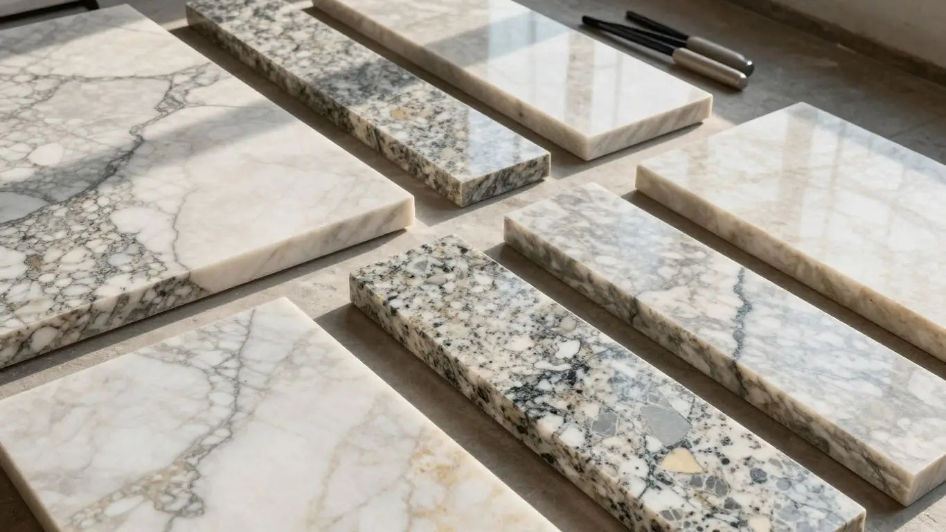 Natural stone slabs with intricate veining patterns.