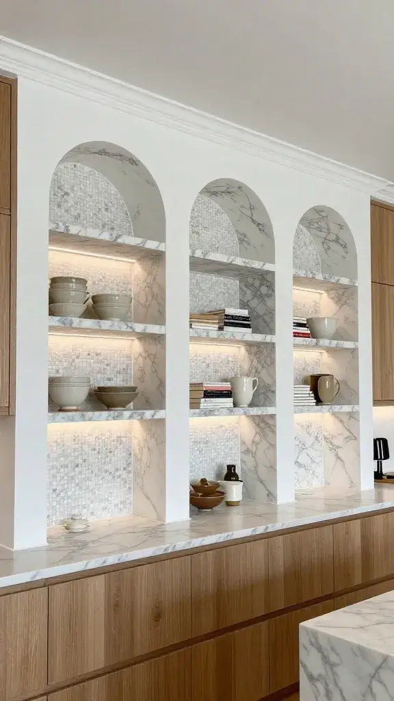 Arched Niche Backing for Open Shelves
