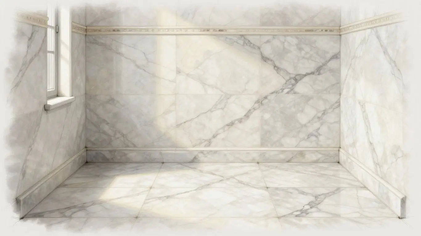 Bathroom with marble tiles, sketch style.
