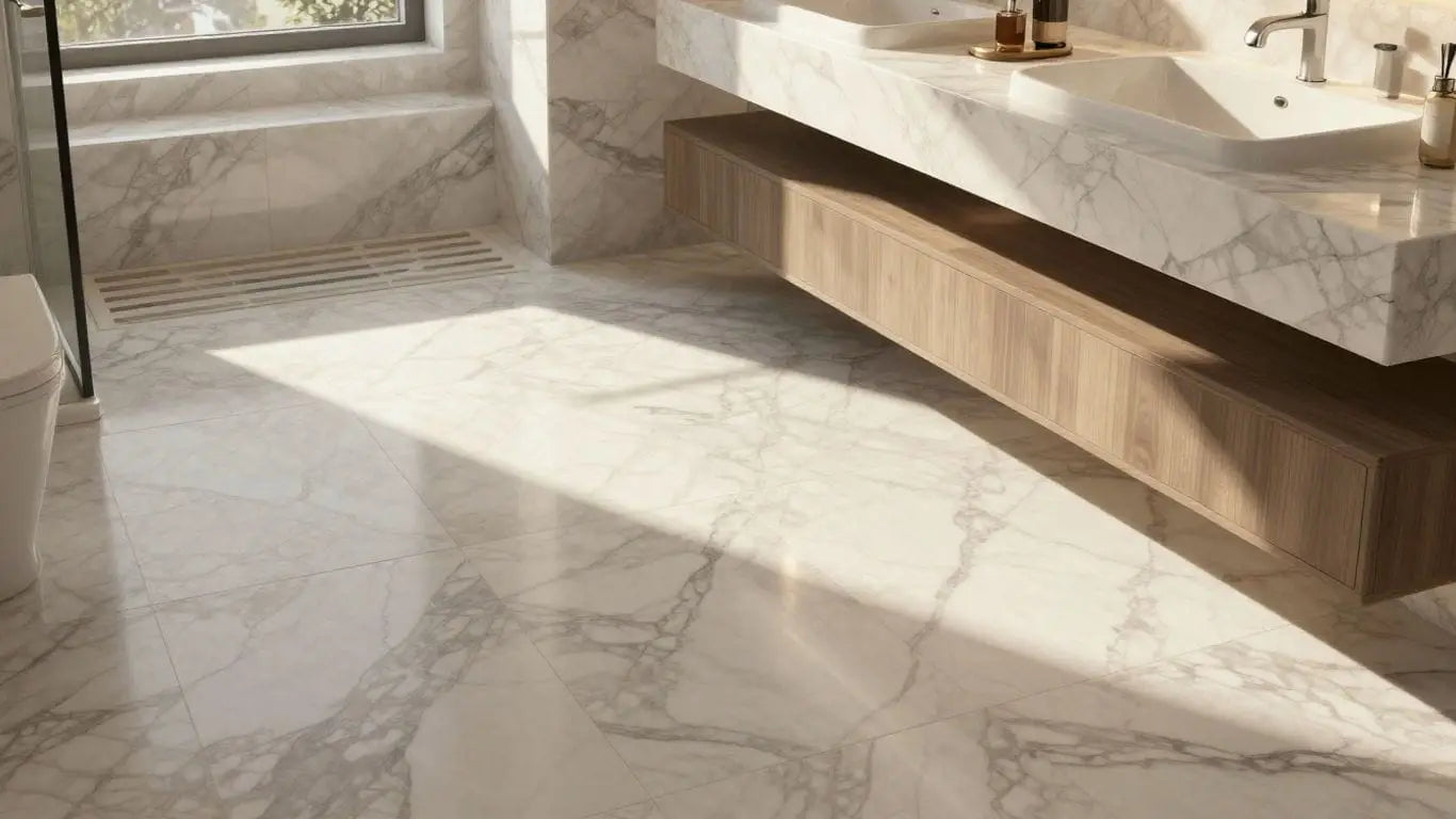 Veined real marble tiles in a sunlit bathroom.