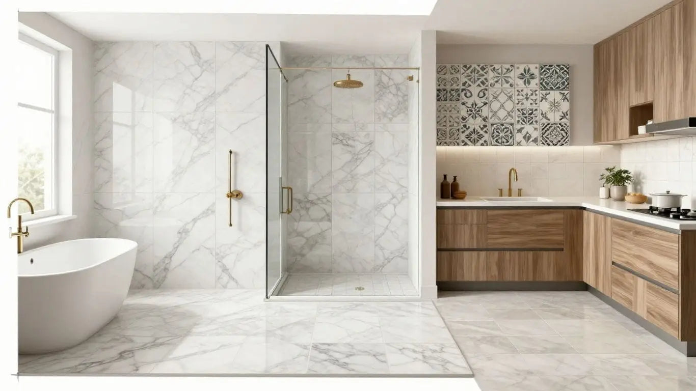 Marble tile sizes in different room settings sketch.