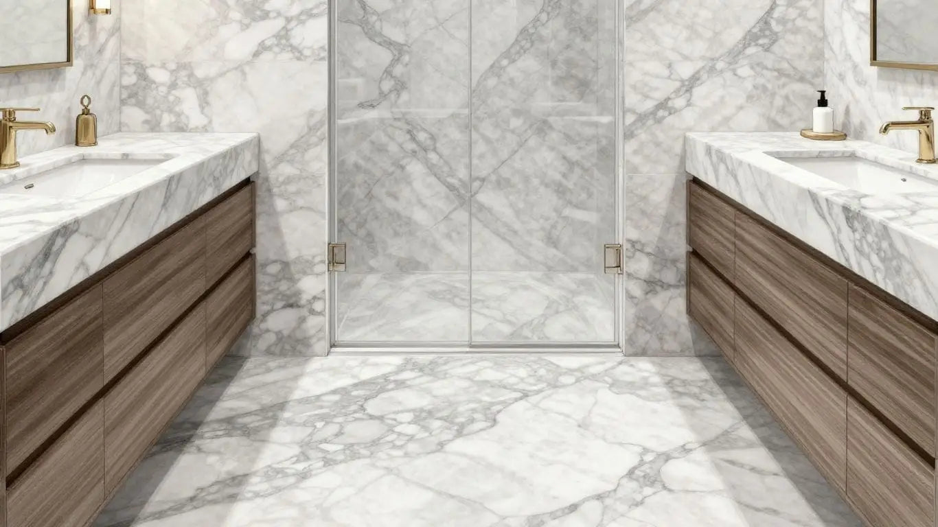 Atlantic Gray marble flooring and walls in a bathroom.