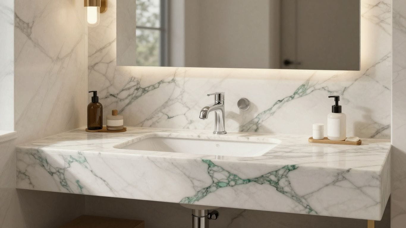 Calacatta Oliva marble vanity in a bathroom sketch.