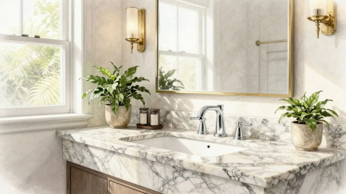 Natural stone vanity in a sunlit bathroom.