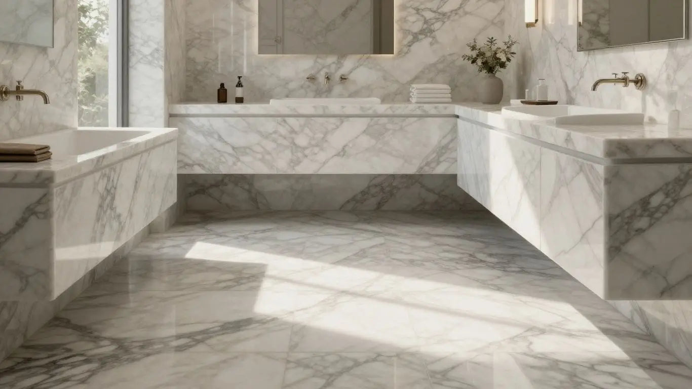 Sketch of luxurious bathroom with marble tile floor and vanity.