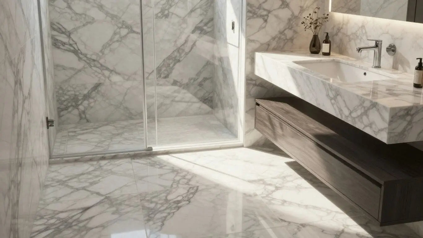 Sketch of a bathroom with marble tiles.