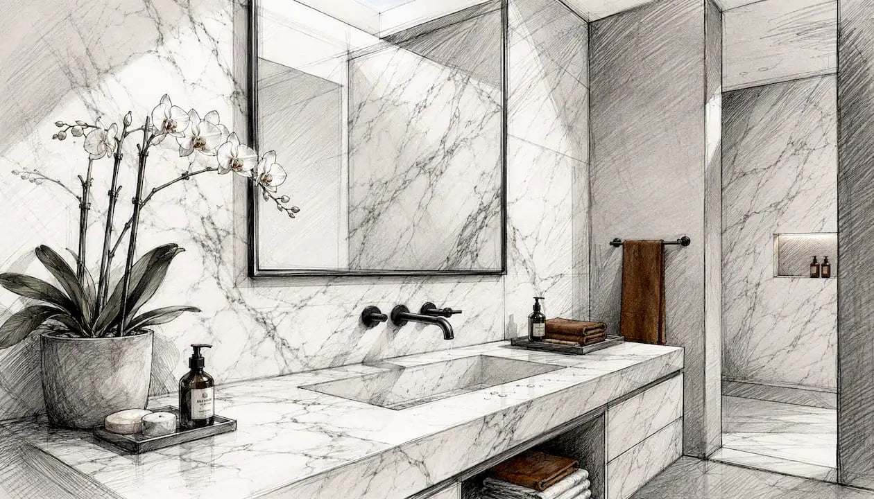 Minimalist bathroom with Carrara marble slabs