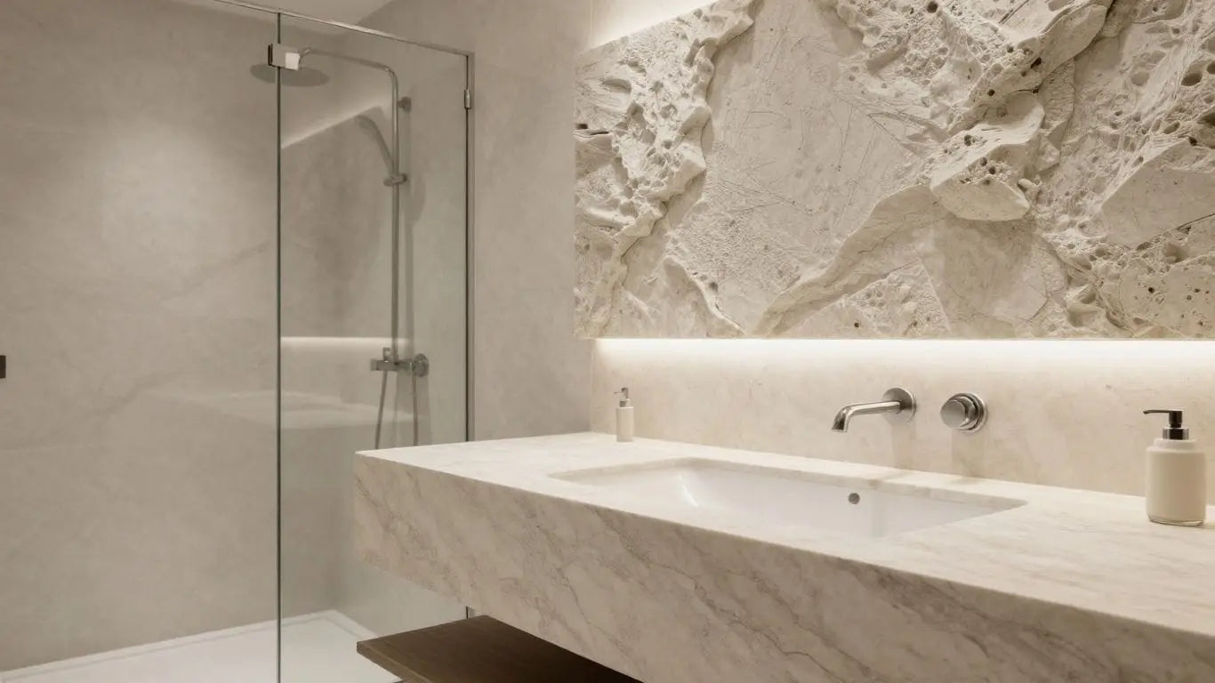 Modern bathroom with natural stone vanity and textured wall.
