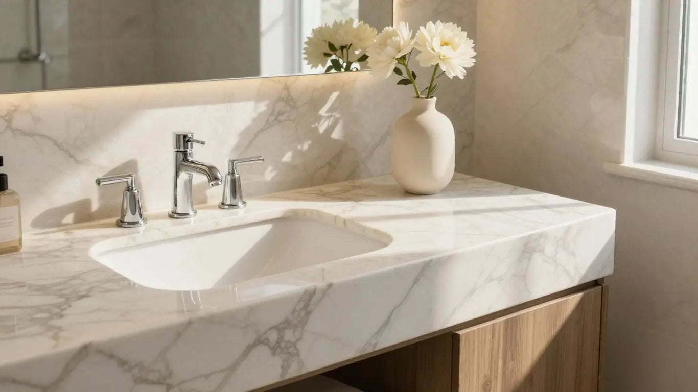 Cielo marble vanity countertop with natural light.