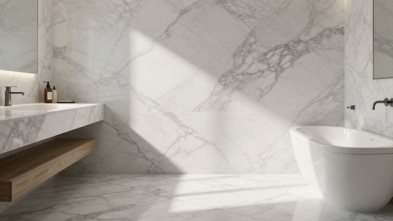 Marble floor and wall tiles in a bathroom.