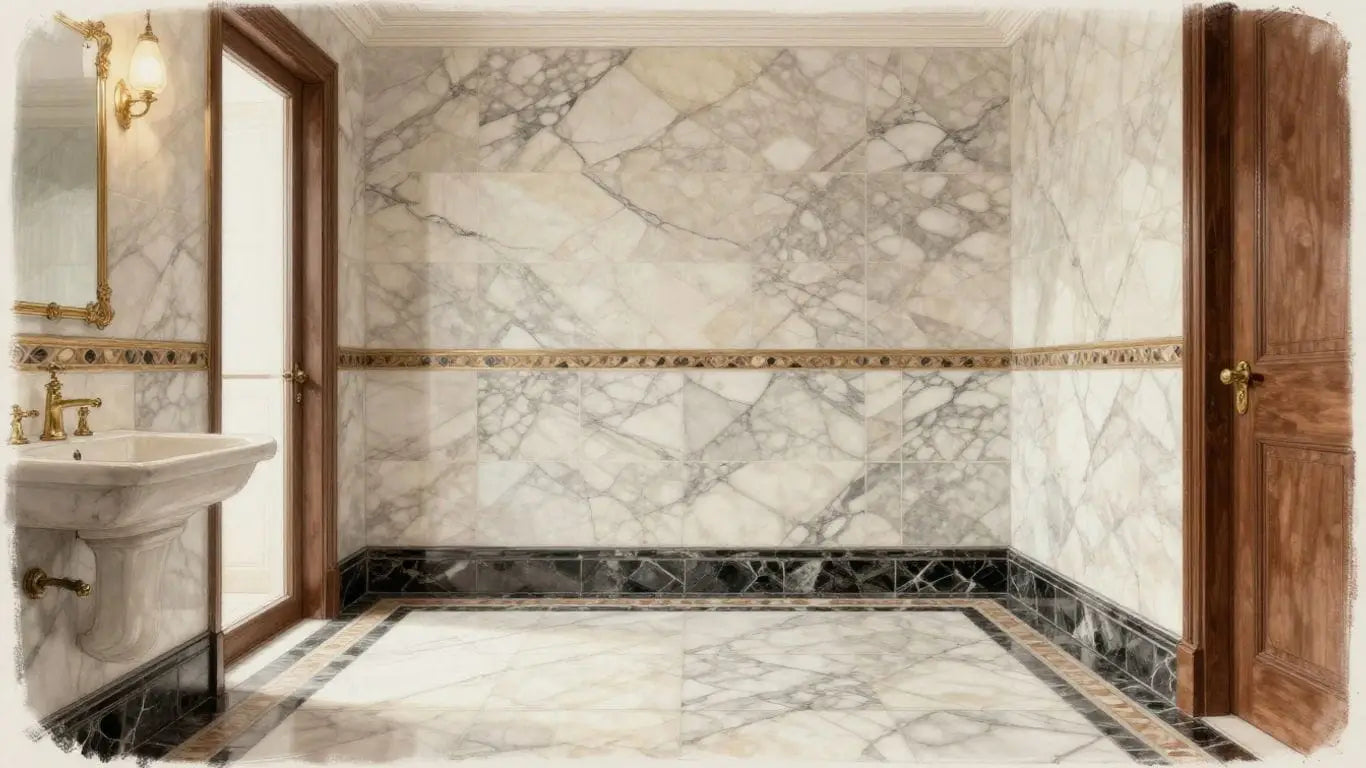 Marble bathroom tiles with travertine borders and listellos.