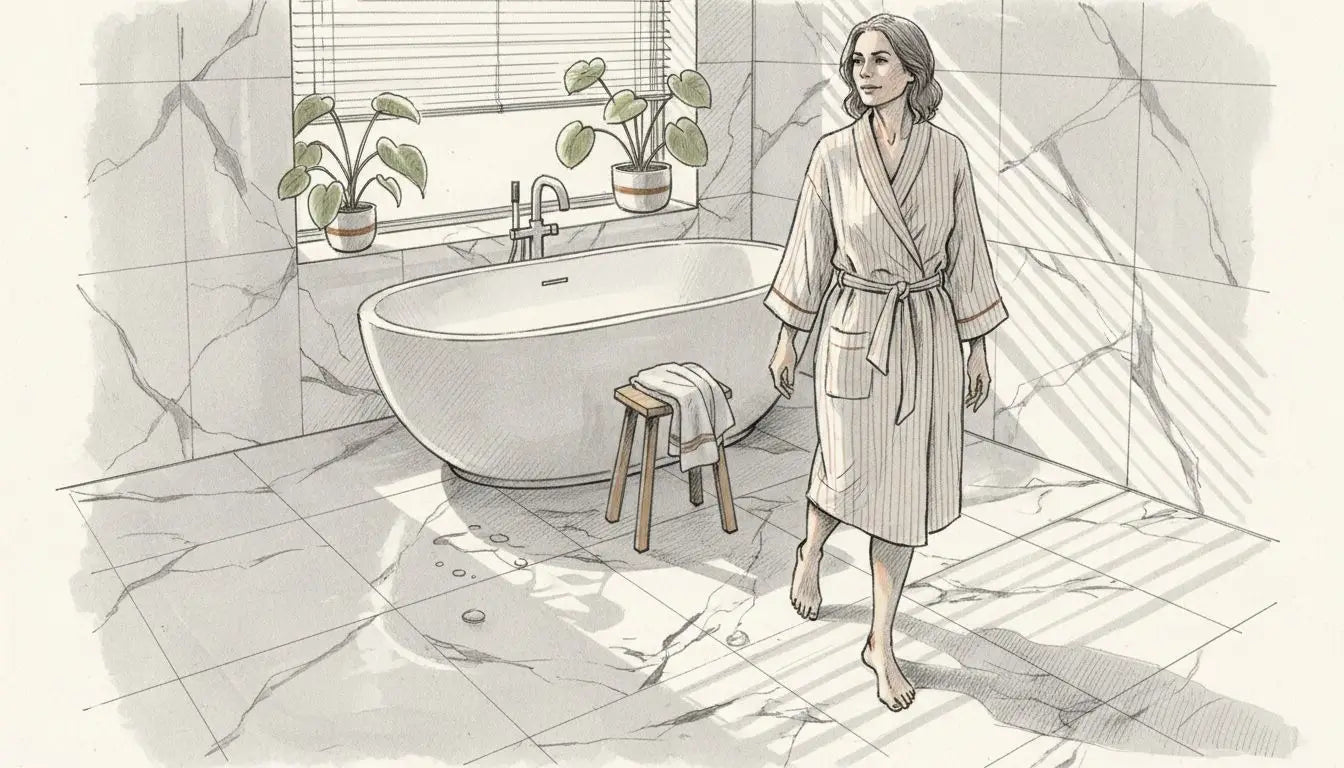 Person walking in marble-tiled bathroom