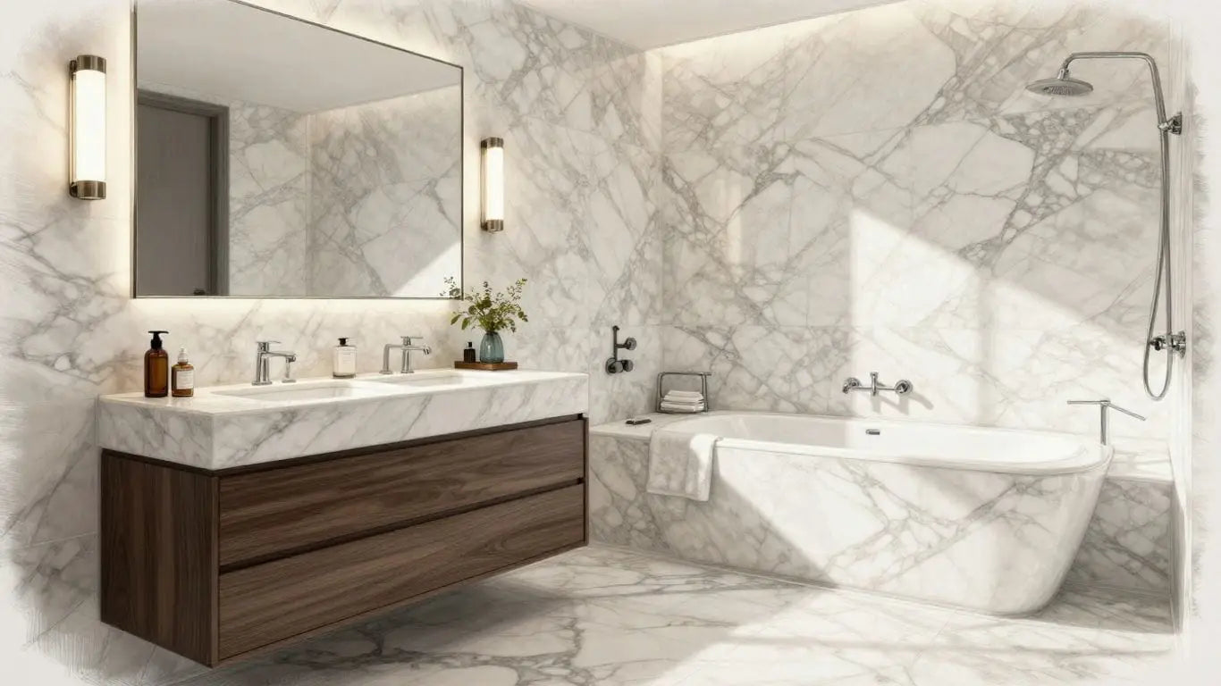 Sketch of a bathroom with marble tiles.