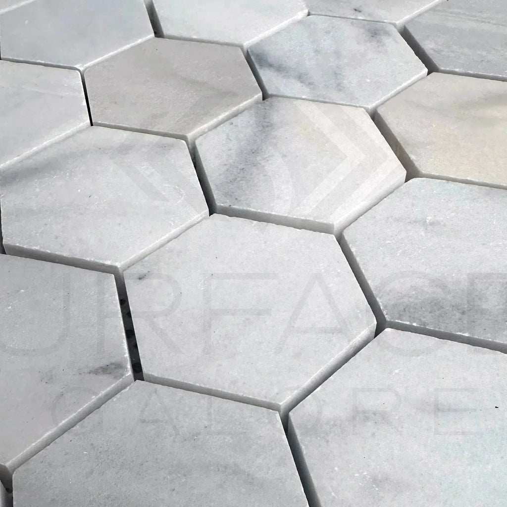 White Marble Bianco Venato 2 inch Hexagon Honed Mosaic Tile displayed in a home setting