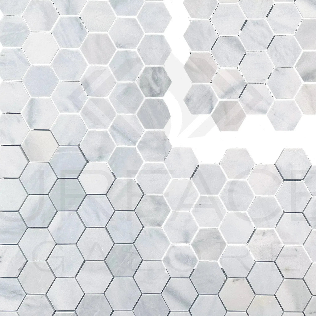 Hexagonal marble tile pattern in White Marble Bianco Venato 2 inch honed mosaic tile
