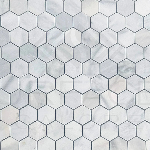 Hexagonal marble tile pattern of White Marble Bianco Venato honed mosaic tile