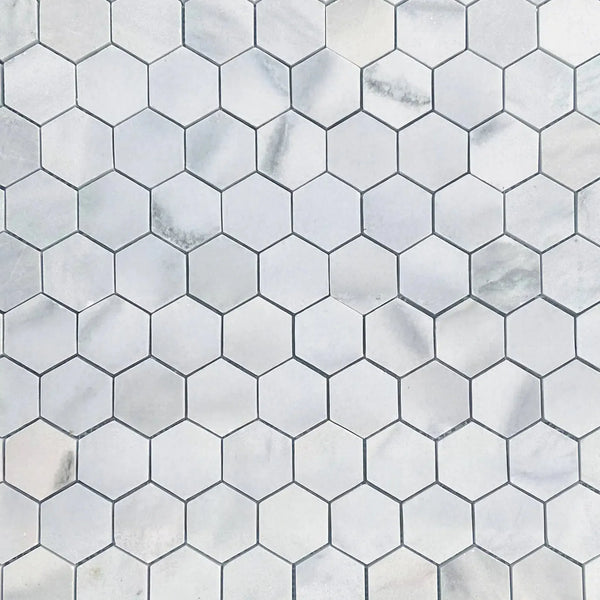 White Marble Bianco Venato 2 inch Hexagon Honed Mosaic Tile pattern for elegant flooring