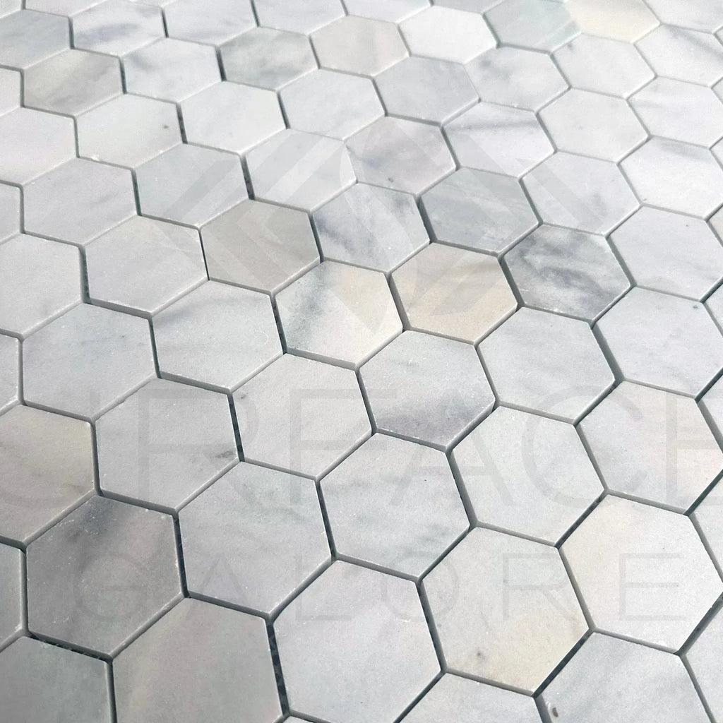 White Marble Bianco Venato 2 inch Hexagon Honed Mosaic Tile with marble floor design