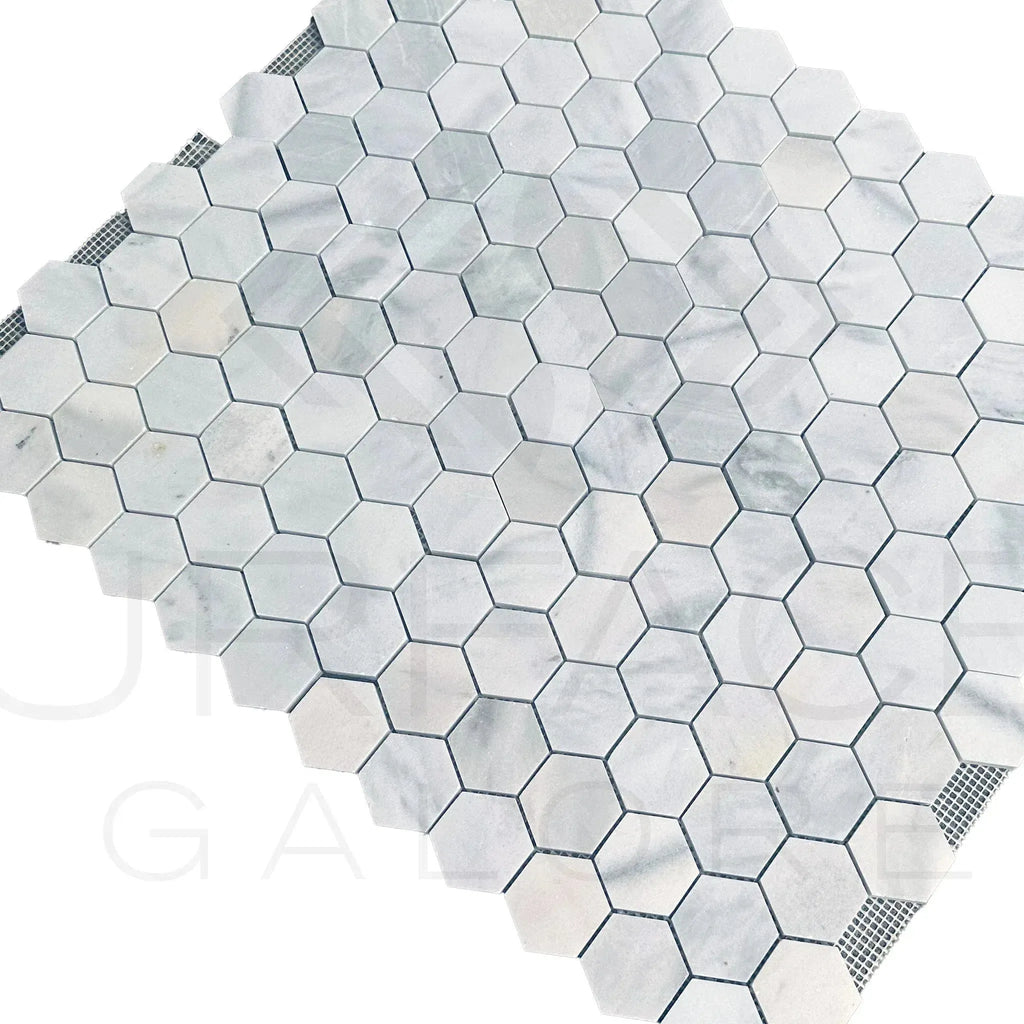 White Marble Bianco Venato 2 inch Hexagon Honed Mosaic Tile Sheet for elegant interiors