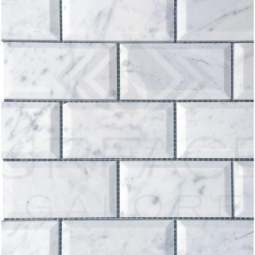 White Marble Bianco Venato 2X4 Deep-Beveled Honed Brick Mosaic Tile for elegant designs