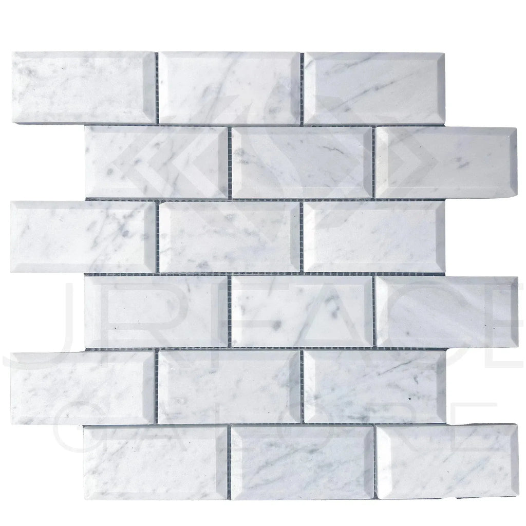 White Marble Subway Tile Sheet Bianco Venato 2x4 Deep-Beveled Honed Brick Mosaic Tile