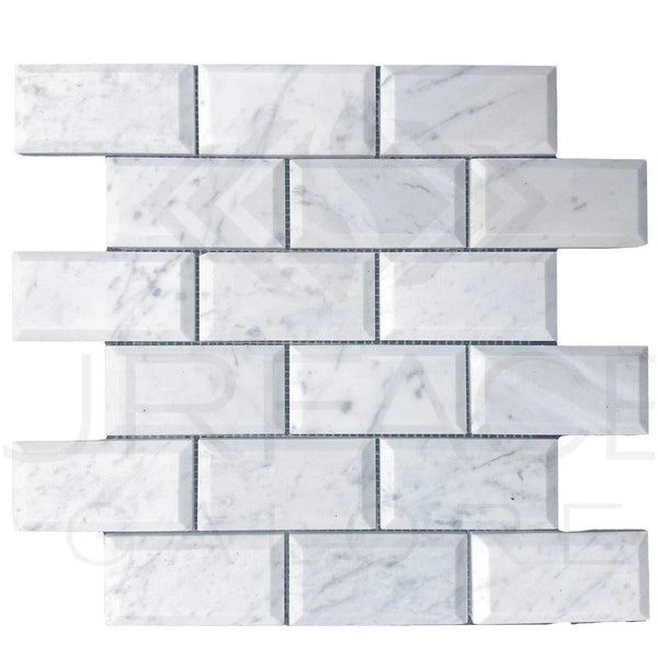 White Marble Subway Tile Sheet Bianco Venato 2x4 Deep-Beveled Honed Brick Mosaic Tile