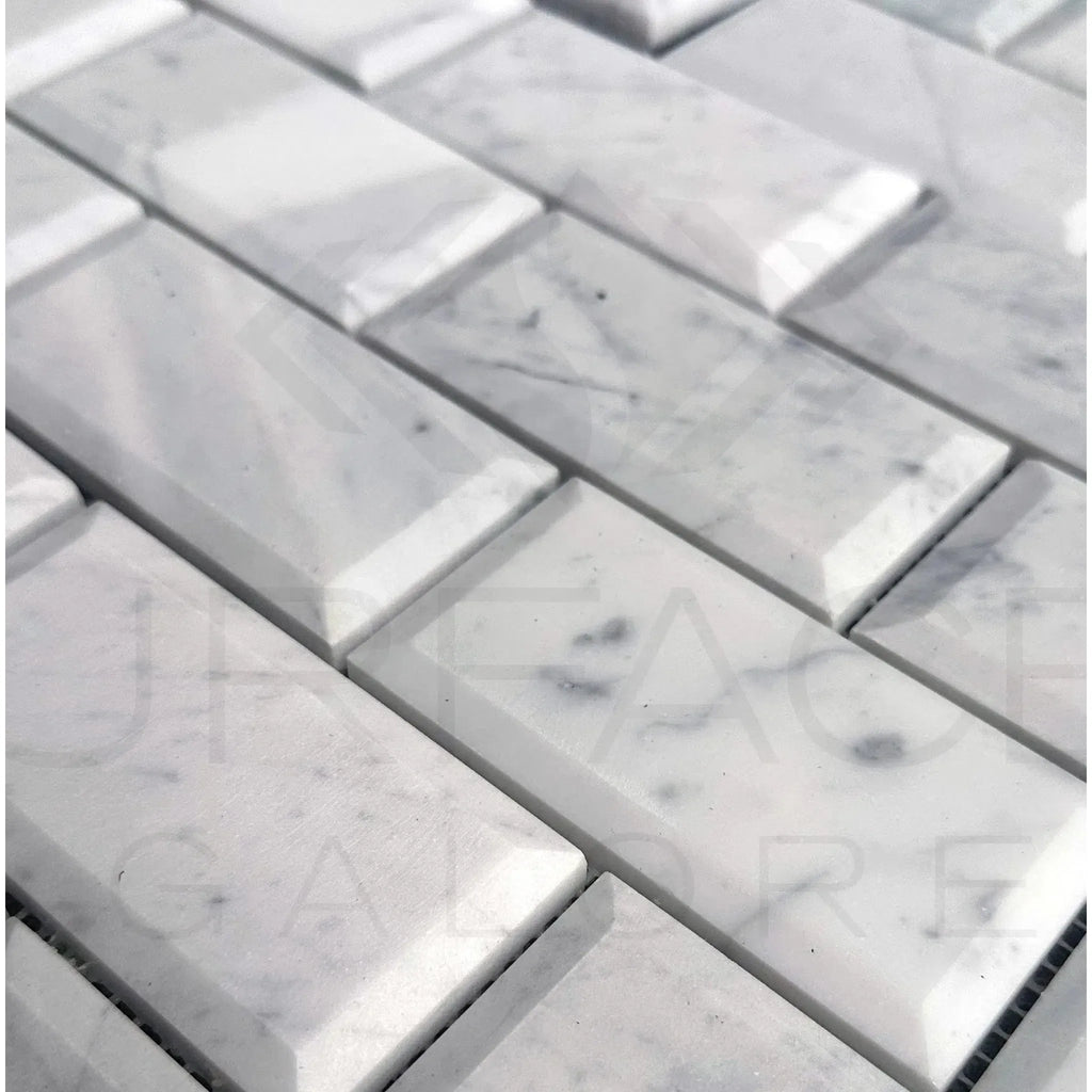 White Marble Bianco Venato Deep-Beveled Honed Brick Mosaic Tile 55 Sq.Ft