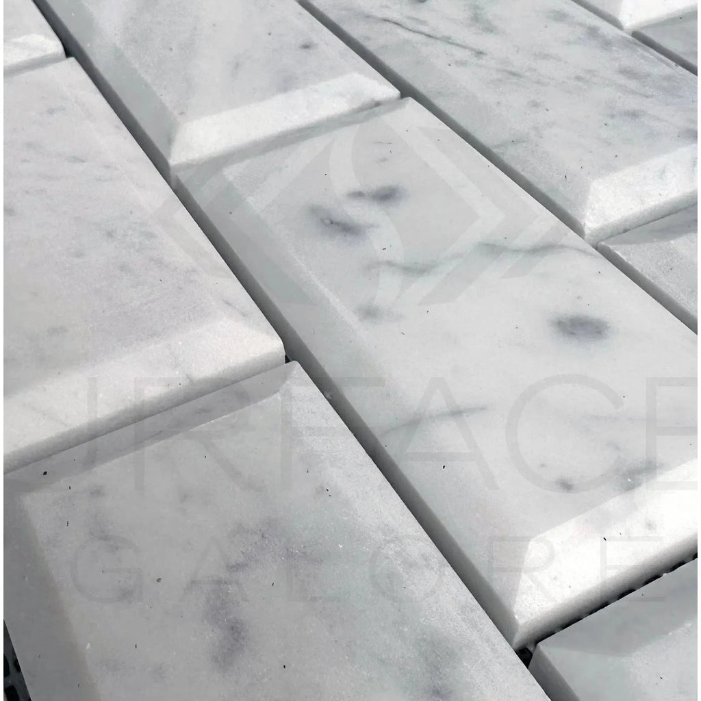 White Marble Bianco Venato 2x4 Deep-Beveled Honed Brick Mosaic Tile display