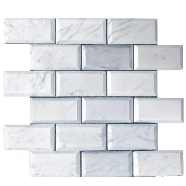 White Marble Bianco Venato 2X4 Deep-Beveled Honed Brick Mosaic Tile Sheet Display