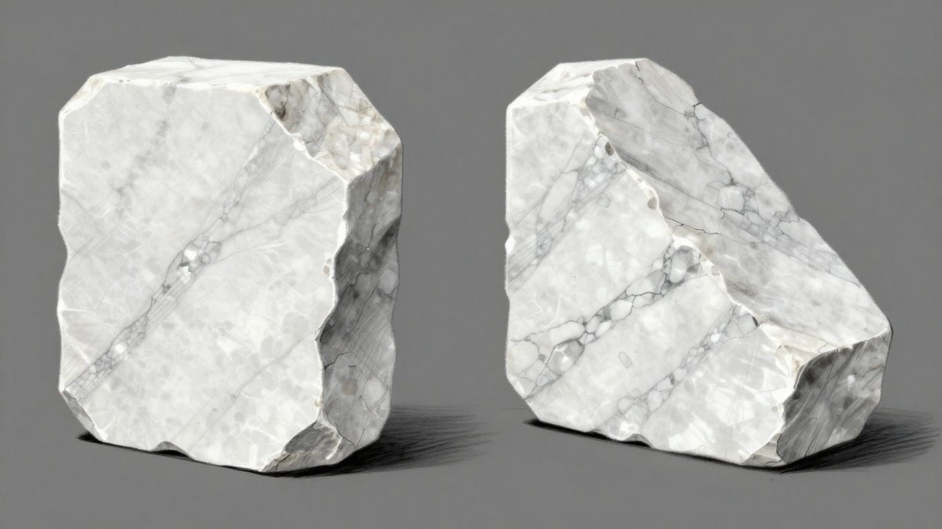 Sketch comparing pure white Thassos marble to veined white marble.