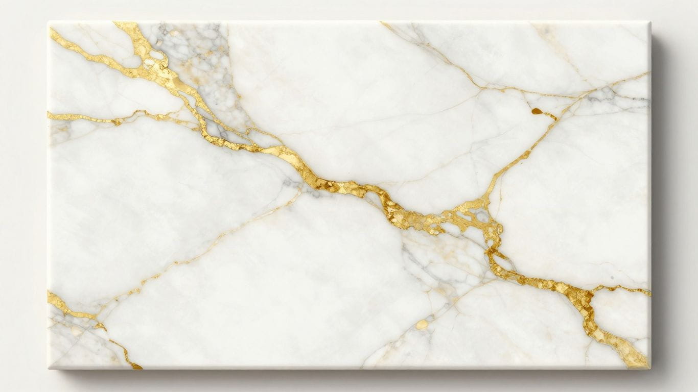 Calacatta Gold marble tile sketch with gold and grey veins.