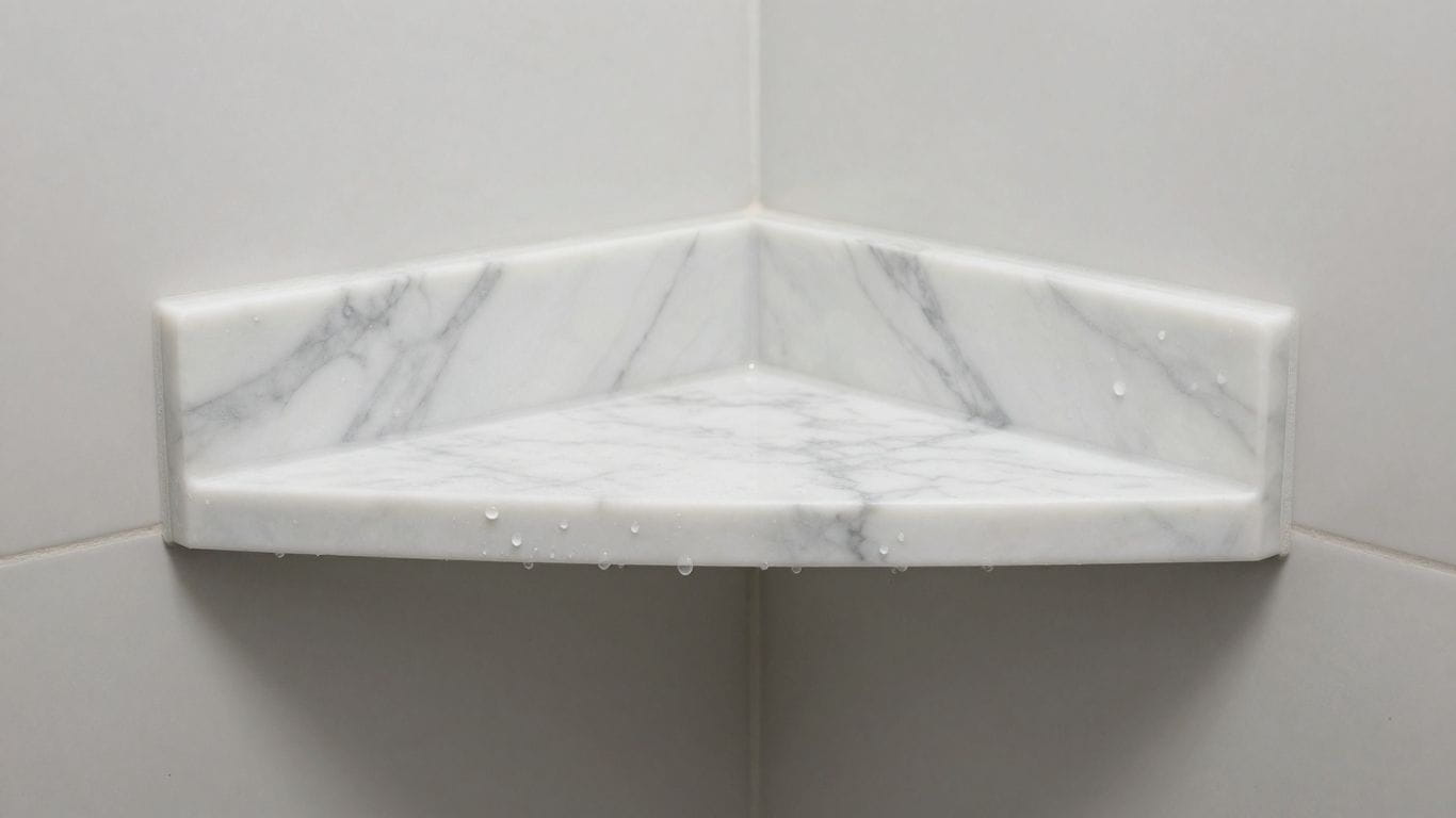 Marble corner shelf in a modern shower.
