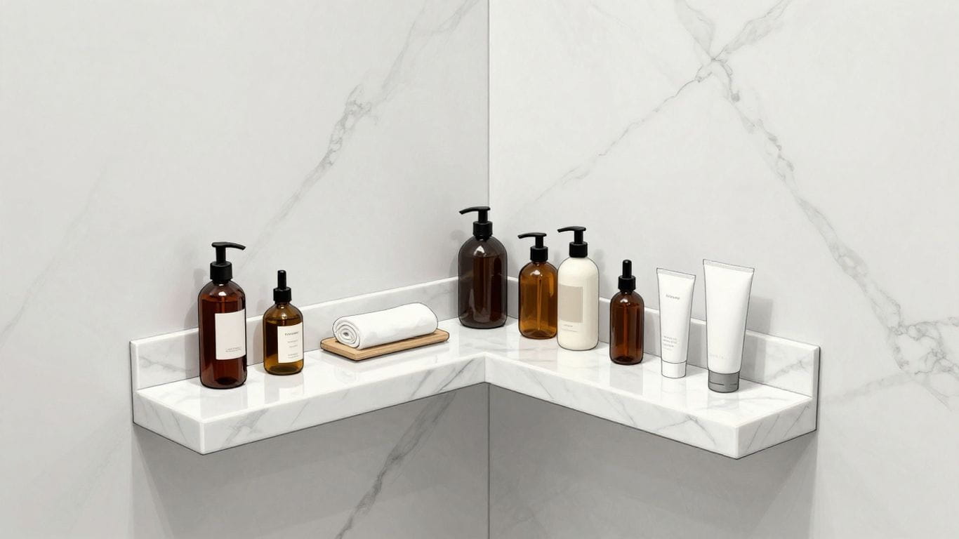 Marble corner shelves in a luxury shower sketch.