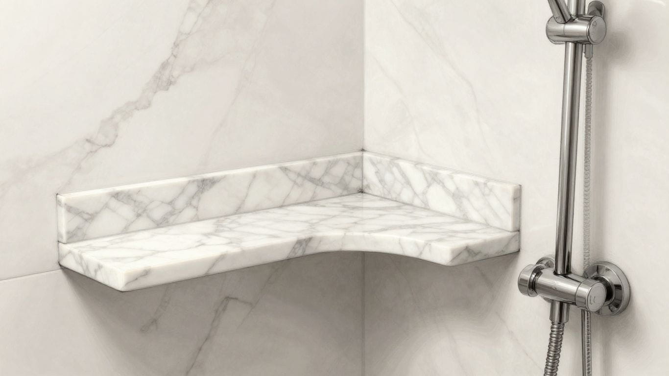 Marble corner shelves in a luxurious shower sketch.