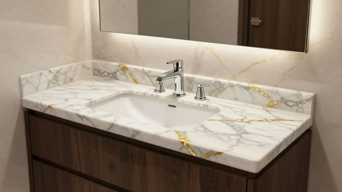Calacatta Gold marble vanity with dark wood cabinets.