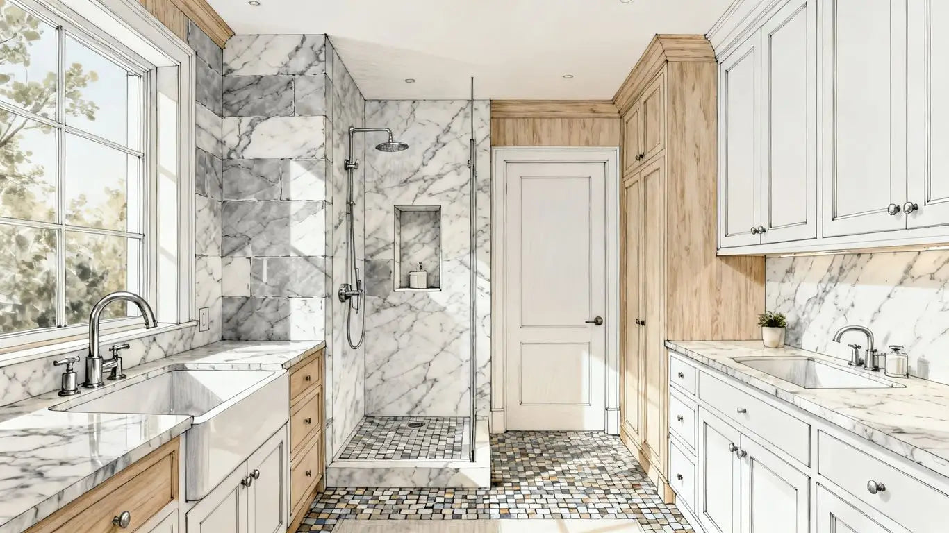 Carrara marble backsplash and bathroom tile installation