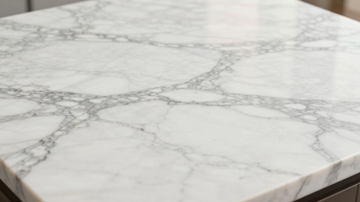 Elegant Arabescato marble slab with swirling grey veins.