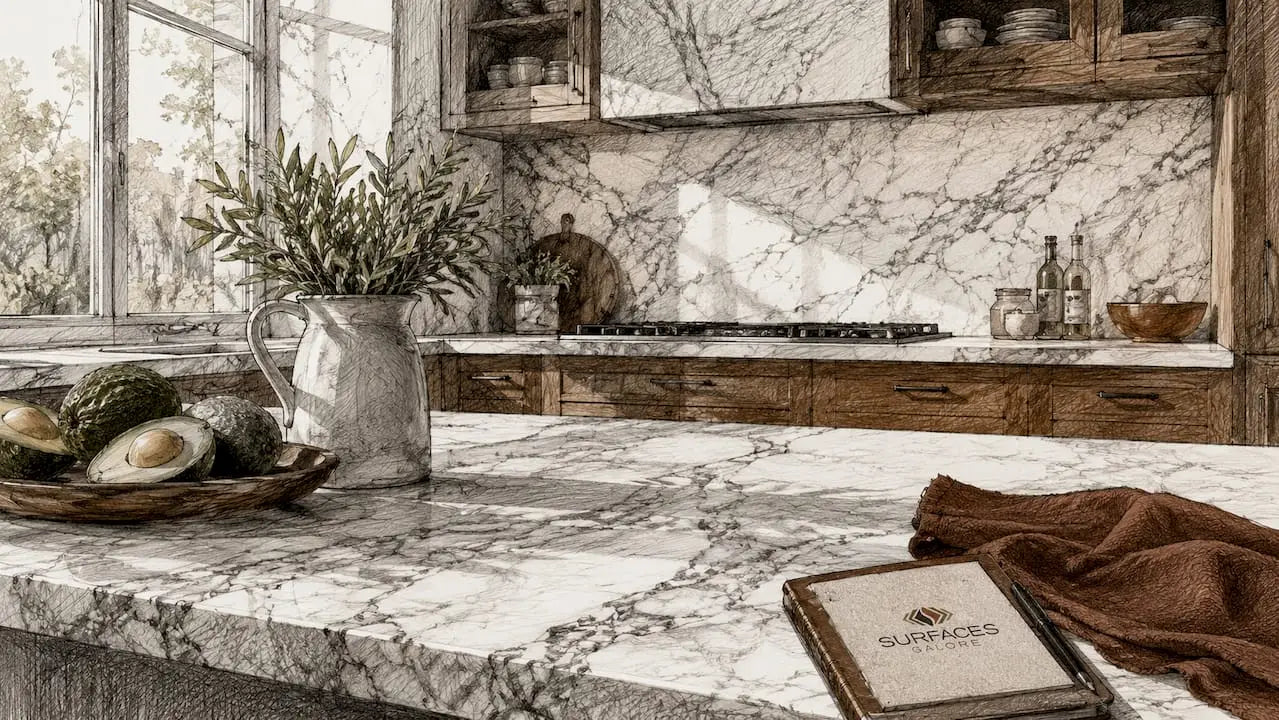 Elegant kitchen with Carrara marble countertops