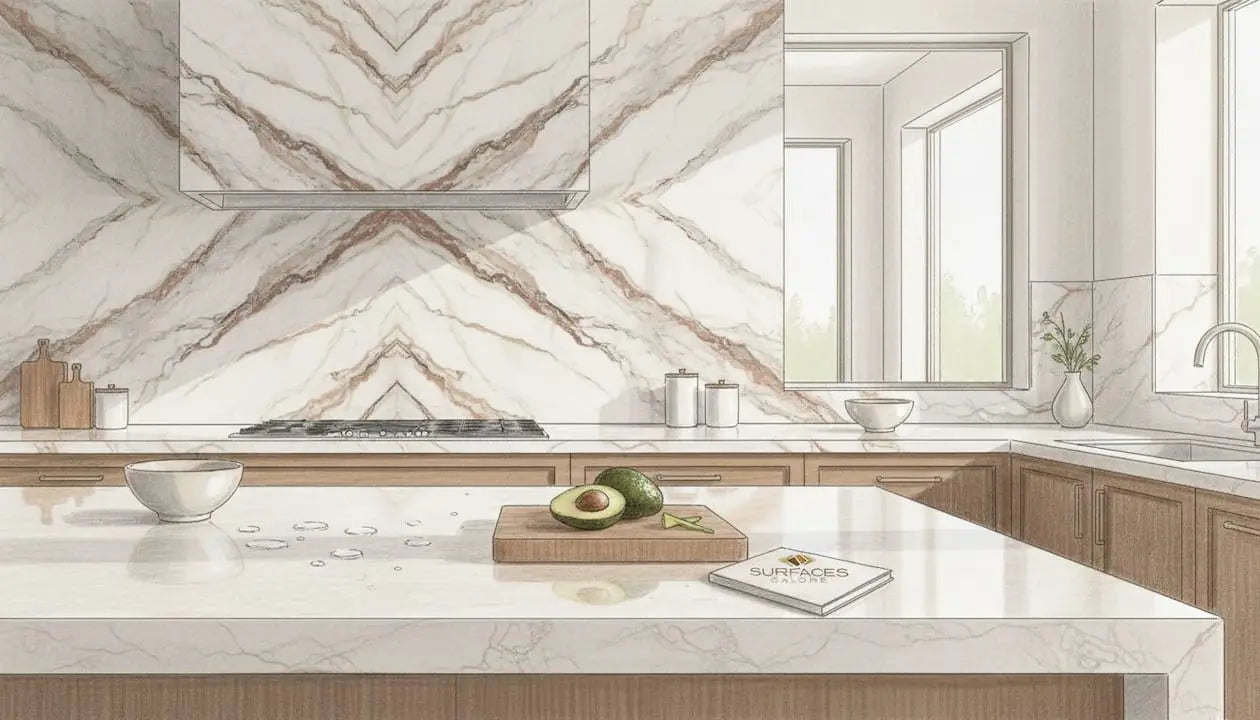 Modern kitchen with bookmatched marble wall
