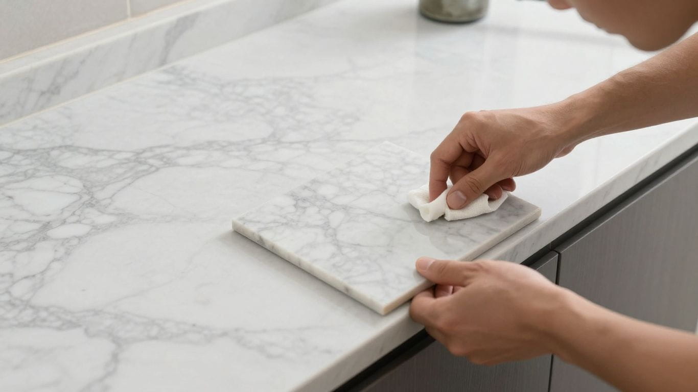 Marble countertop polishing and floor tile installation sketch.