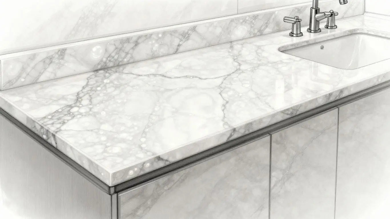 White Pearl Marble kitchen and bathroom surfaces sketch.